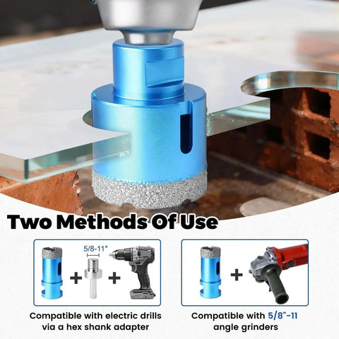 Blue ACFAN diamond hole saw bit with diamond coating mounted on a drill for cutting tile and glass.