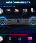 Clear Sound Bluetooth Computer Speakers With USB Plug And Play LED Light Bar, compatibility with PC, Macbook, PS5, smartphones.