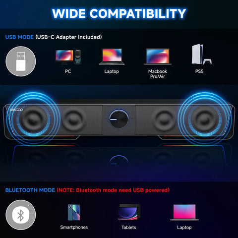 Clear Sound Bluetooth Computer Speakers With USB Plug And Play LED Light Bar, compatibility with PC, Macbook, PS5, smartphones.