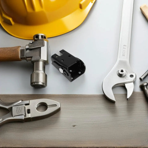 Folding Hinges For Furniture 90 Degree Self Locking Heavy Duty Brackets with tools, helmet, and board on workbench.
