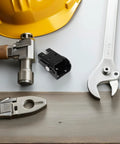 Heavy Duty Folding Hinges 2 Pack Self Locking 90 Degree Iron Hinges For Tables Workbenches Furniture Legs, shown with tools.