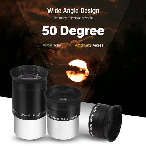 Eyepiece Kit Must Have For 1.25 Inch Telescopes With Plossl Eyepieces 4mm 10mm 25mm And 2X Barlow Lens FMC Fully Coated High Magnification Astronomy Accessories Bundle product showcase with 50-degree wide angle design.