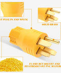 Real Deal NEMA 14 To 50P Male Converter That Slaps Right On Dryer Or RV Inlets to Power T Blade Plugs, showing adjustable connection, solid brass pins.
