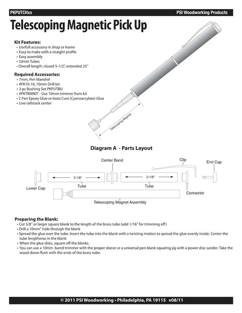 Diagram of Telescoping Magnetic Pickup Tool Kit For Woodturning Projects, Hardware Parts Only, Lathe Required To Turn Into A Finished Tool.