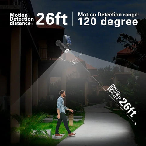 Outdoor Solar Motion Sensor Light Set Of 2 In Black With 800 Lumens 8 LED Spotlight 5W Solar Flood Light IP66 Waterproof illuminating a pathway