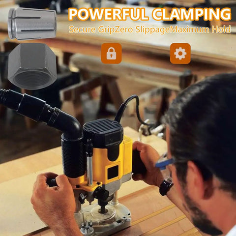 Man using router with Two Piece 1/4 Inch Router Collet Kit For Dewalt DW618 And 1613 1613EVS Models Replacement 326286-04 2610906283