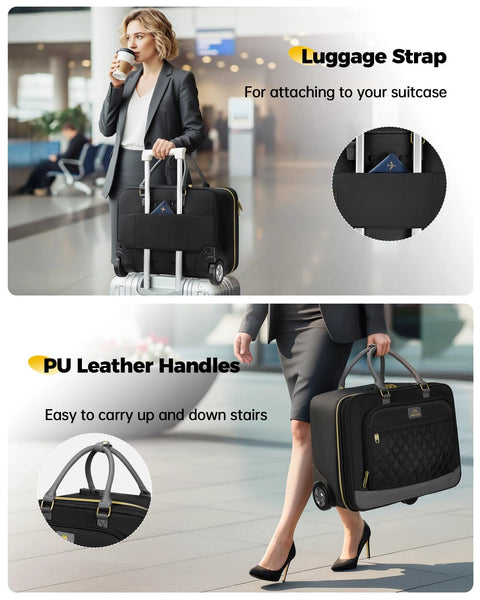 MATEIN rolling laptop bag, black PU leather handles, large wheels, underseat carry-on luggage (airline approved)