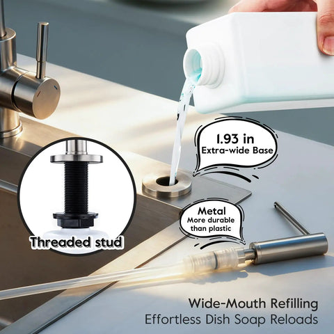 Brushed Nickel Soap Dispenser For Kitchen Sink With Built In 17 Ounce Bottle Stainless Steel Countertop Pump refilling setup