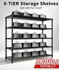 Heavy Duty 5 Tier Wire Shelving Rack With Massive Load Rating For Garage Pantry Kitchen Organization And Commercial Display That Is Legit Bombproof Setup For Your Home Office, showcasing black storage bins across five tiers.