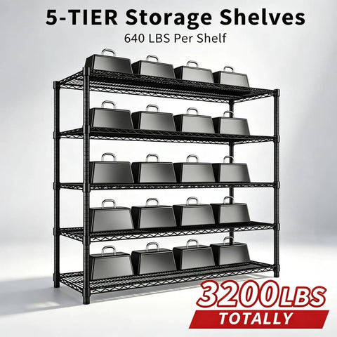 Heavy Duty 5 Tier Wire Shelving Rack With Massive Load Rating For Garage Pantry Kitchen Organization And Commercial Display That Is Legit Bombproof Setup For Your Home Office, showcasing black storage bins across five tiers.