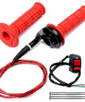 Seven Eighths Inch 22mm Twist Throttle Cable Kit With Rubber Grip Handles For 50cc 90cc 110cc 125cc 4 Stroke Pit Dirt Bikes And Mini ATVs Includes One Throttle Cable Two Grips Aluminum Clamp displayed separately on a white background