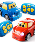 Two Pack Easy Use 2.4 GHz RC Cars For Toddlers And Kids Ages 1 To 6 With Cartoon Design, Four Button Remote Control.