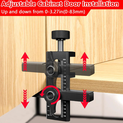 2-In-1 Cabinet Door Installation Jig Kit With Adjustable Metal Mounting Jig on wooden cabinet door