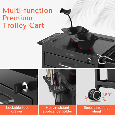 Rolling Salon Trolley Cart With Wheels Lockable Metal Storage Two Drawers And Magnetic Bowls Mobile Hair Stylist Station For Tools Organization Barber And Tattoo Supplies Heavy Duty Steel Black, featuring lockable drawers and accessory holders.