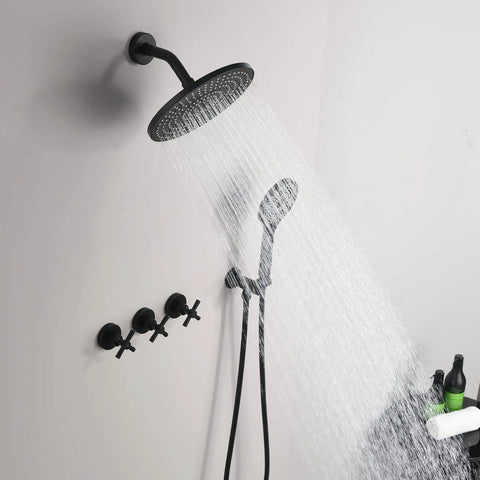 Matte Black High Pressure Shower System With 9 Inch Round Shower Head And 3 Handle Wall Mounted Faucet, Rough-In Valve Included