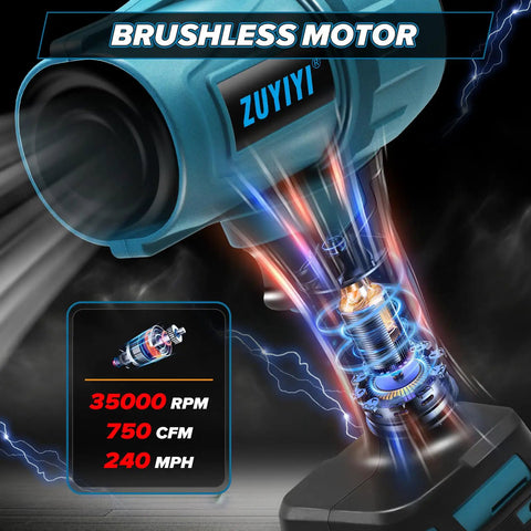 Compact Dope Jet Dry Blower Turbofan with specs showing brushless motor for Makita 18V Battery Cordless Handheld Leaf Blower 240 MPH