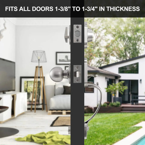 Split view of a door showing a Double Door Lock Set With Handle And Dummy, Satin Nickel Finish, Single Cylinder Deadbolt, indoors and outdoors.