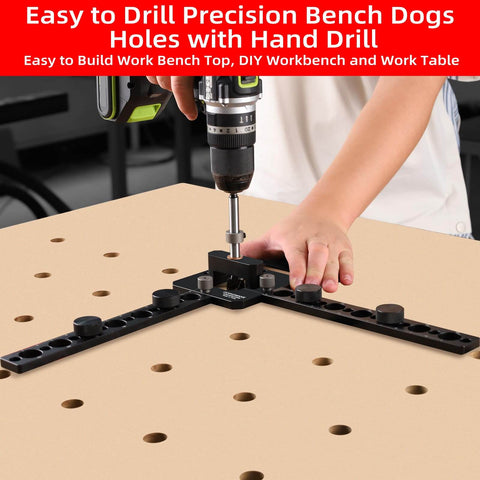 Portable Drill Guide For Three Quarter Inch Workbench Dog Holes Pro Grade Drill Template in use creating hole