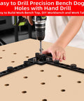Go-To Precision 20mm Bench Dog Hole Drill Guide And Template for accurate hole drilling on a workbench with hand drill.