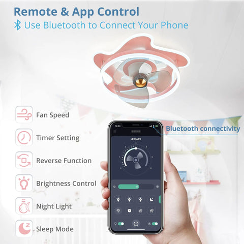 Pink Cartoon Cute Flush Mount Ceiling Fan With Dimmable Lights For Kids Room, Remote And App Control via Bluetooth on phone screen