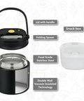 Keep It Sizzling Hot Soup Thermos With Secure Split Snack Cup Grab And Go Leak Free Insulated Lunch Jar For Kids And Adults Stainless Steel Double Wall Vacuum Food Container With Spoon Black components including lid, stainless steel, and snack box.