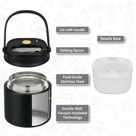 Keep It Sizzling Hot Soup Thermos With Secure Split Snack Cup Grab And Go Leak Free Insulated Lunch Jar For Kids And Adults Stainless Steel Double Wall Vacuum Food Container With Spoon Black components including lid, stainless steel, and snack box.