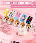 Complete Nail Art Kit With Stands And Tools featuring decorated nail tips on gold stands, dotting tools, and nail design accessories.