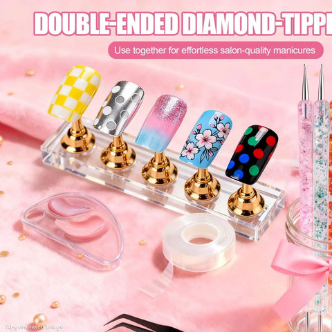 Complete Nail Art Kit With Stands And Tools featuring decorated nail tips on gold stands, dotting tools, and nail design accessories.