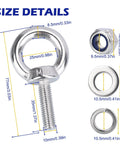 Set Of 8 M10 Eye Bolts With Nuts And Washers, 304 Stainless Steel Built Tough Heavy Duty Lifting Rings, dimension details shown