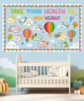 Hot Air Balloon Healthy Bulletin Board Set For Classroom Decor with colorful cutouts, clouds, stars, and health messages.
