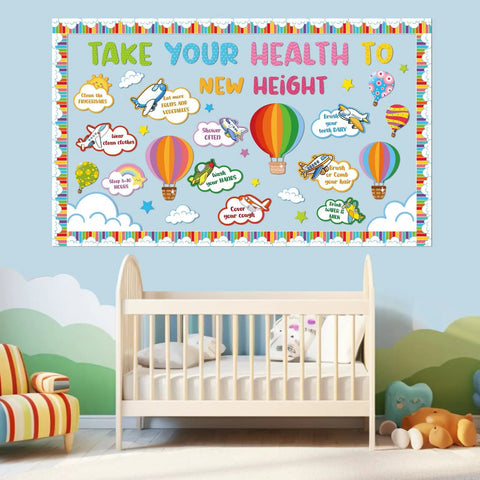 Hot Air Balloon Healthy Bulletin Board Set For Classroom Decor with colorful cutouts, clouds, stars, and health messages.