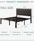 Quick Setup Full Size Metal Bed Frame With Faux Leather Tufted Headboard display with dimensions, weight capacity, and materials.