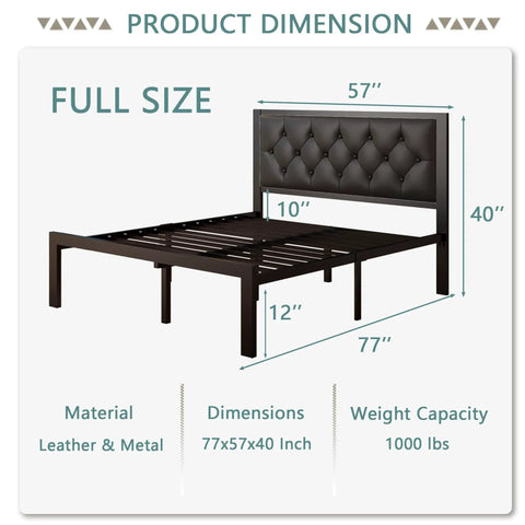 Quick Setup Full Size Metal Bed Frame With Faux Leather Tufted Headboard display with dimensions, weight capacity, and materials.
