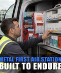 Worker accessing OSHA Compliant ANSI Class B First Aid Kit Cabinet, 3 Shelf Emergency First Aid Center in van