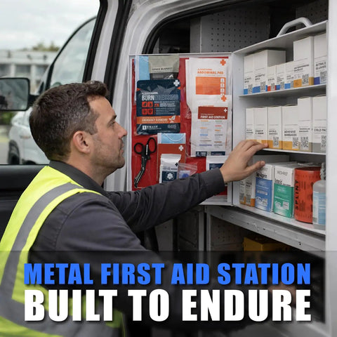 Worker accessing OSHA Compliant ANSI Class B First Aid Kit Cabinet, 3 Shelf Emergency First Aid Center in van