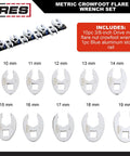 10-piece metric flare nut crowfoot wrench set with 6-point heads, sizes 10mm to 19mm on blue rail for tight automotive spaces.