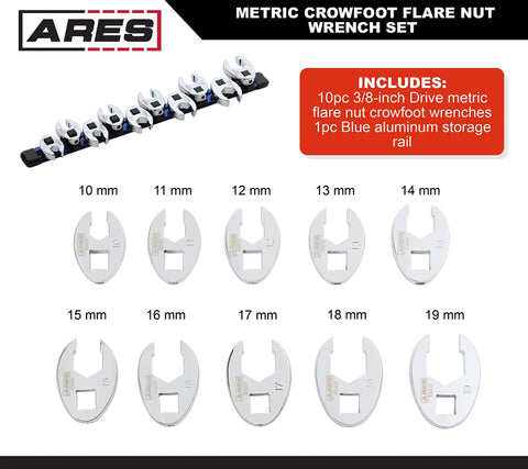 10-piece metric flare nut crowfoot wrench set with 6-point heads, sizes 10mm to 19mm on blue rail for tight automotive spaces.