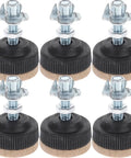Close-up of 6 black adjustable furniture levelers with threaded feet for tables, chairs, and cabinets, heavy duty galvanized metal frame