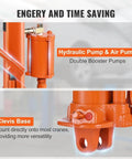 Close-up view of hydraulic pump and clevis base on 8 Ton Long Ram Hydraulic Electric Engine Hoist With Air Assisted Pump.