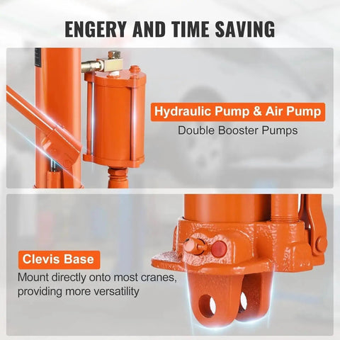 Close-up view of hydraulic pump and clevis base on 8 Ton Long Ram Hydraulic Electric Engine Hoist With Air Assisted Pump.
