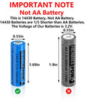 14430 LiFePo4 3.2V Rechargeable Battery Pack 500mAh for Outdoor Solar Garden Lights, shown next to a non-AA size battery