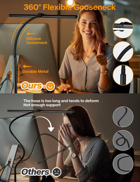 Eye Care Desk Lamp For Home Office With Flexible Gooseneck Clamp Light shown with durable silicone material and 360° adjustment
