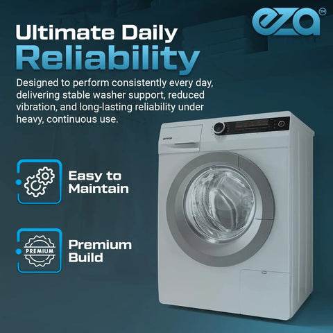 Front-load washer highlighted for reliability, showcasing easy maintenance features and premium build quality, eza logo visible.