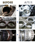 600W heated ultrasonic cleaner: before/after collage of dirty metal automotive parts and cleaned bearings/gears.