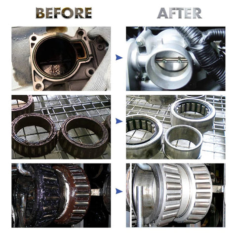 600W heated ultrasonic cleaner: before/after collage of dirty metal automotive parts and cleaned bearings/gears.