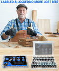 Carpenter holding tools with 30Pcs Sanding Drums Set For One Eighth Inch Shank Rotary Tools Pro Grade Grit Progression on table