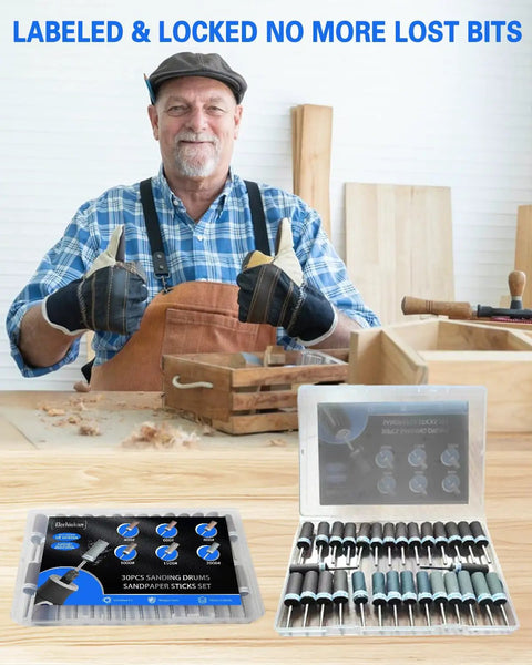 Carpenter holding tools with 30Pcs Sanding Drums Set For One Eighth Inch Shank Rotary Tools Pro Grade Grit Progression on table