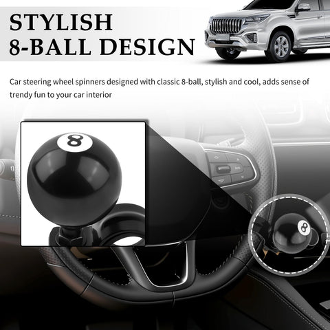 Black 8 Ball Steering Wheel Knob Spinner installed on car steering wheel for easy backing up and quick turns.
