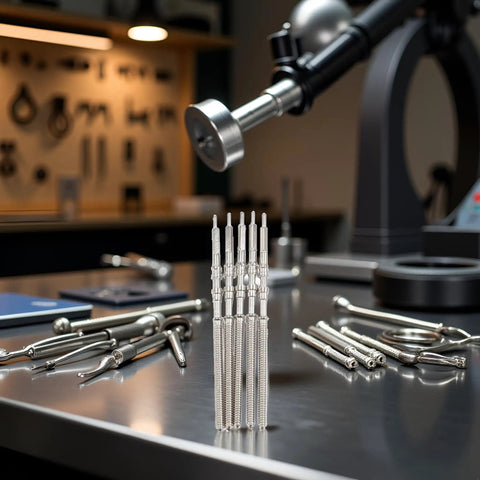 Five Piece Silver Movement Crown Kit For NH35 NH36 NH38 NH39 Watches on workbench with tools, durable steel replacement crowns