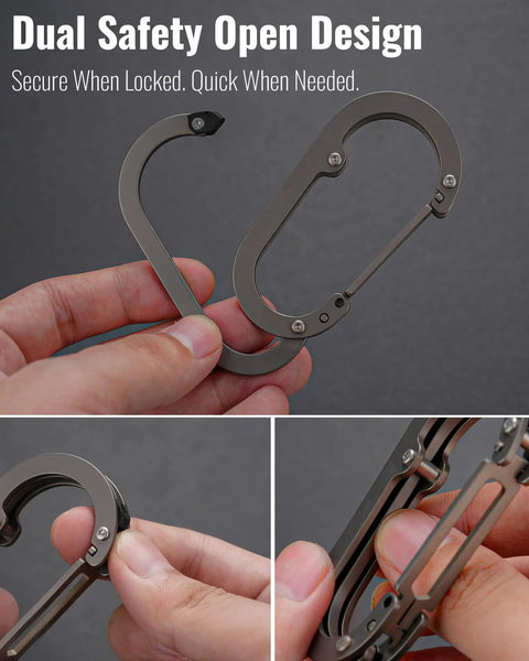 Hands holding Ultra Light Aerospace Grade Titanium Purse Hook For Table And Desk Outdoor Carabiner Clip Lightweight EDC